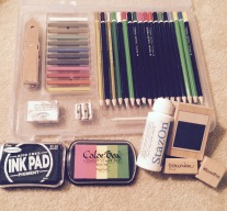Art supplies to color and stamps/ink